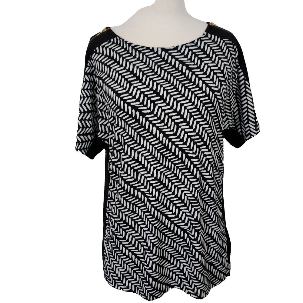 N Touch Black White Top Blouse Shirt Womens size M Stretch Short Sleeves Casual